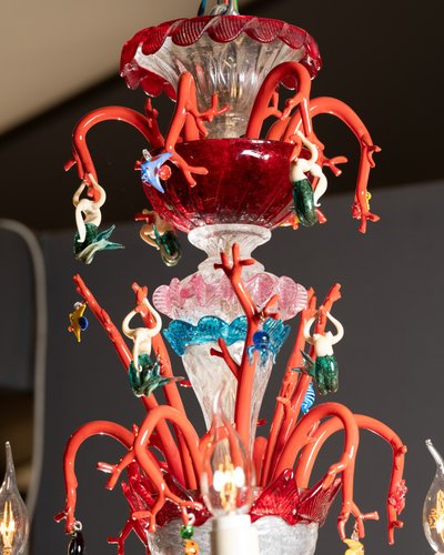 Lampadario in vetro di Murano, decoro marino, circa 1950 