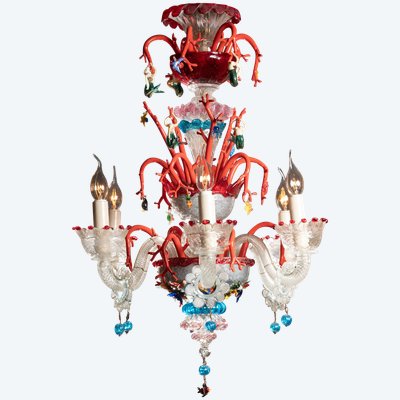 Lampadario in vetro di Murano, decoro marino, circa 1950 