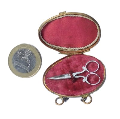 Child's Doll Sewing Kit in Brass Egg Miniature Steel Scissors Late 19th Century