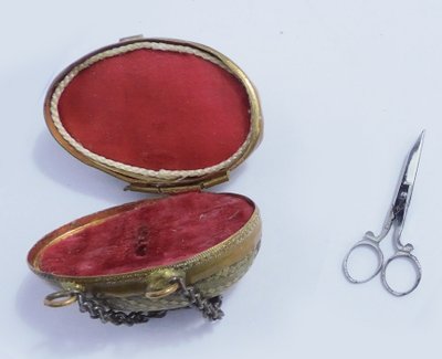 Child's Doll Sewing Kit in Brass Egg Miniature Steel Scissors Late 19th Century