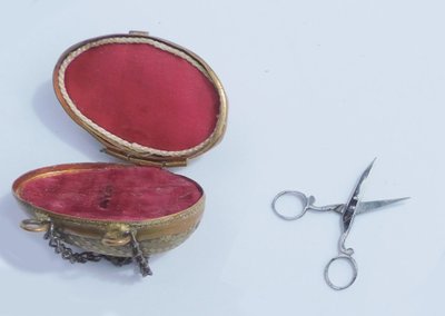 Child's Doll Sewing Kit in Brass Egg Miniature Steel Scissors Late 19th Century