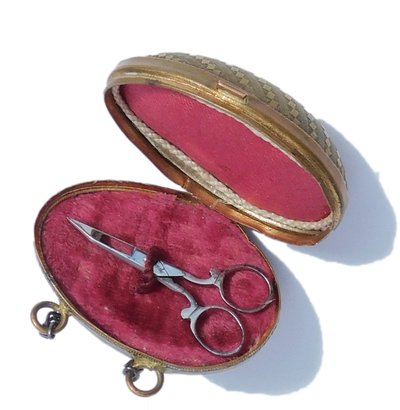 Child's Doll Sewing Kit in Brass Egg Miniature Steel Scissors Late 19th Century