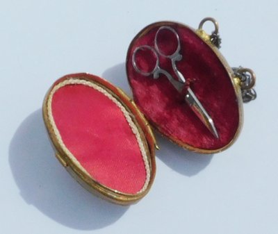 Child's Doll Sewing Kit in Brass Egg Miniature Steel Scissors Late 19th Century