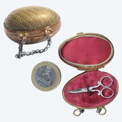 Child's Doll Sewing Kit in Brass Egg Miniature Steel Scissors Late 19th Century