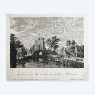 Gravure Ancienne  Village Hollandais par Victor Pillement d'Après Breugel 19ème