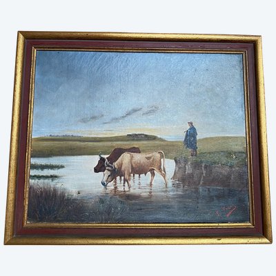 Painting Pastoral Scene at the River – French School, late 19th century