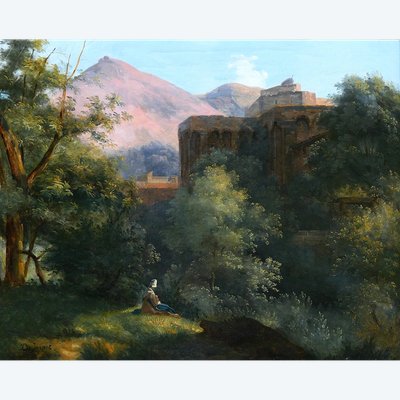 François-Louis Dejuinne 1784-1844 Puy-de-Dôme, the church of Royat, painting, around 1830 landscape