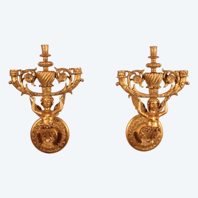 Paire d'Appliques En Bois Doré - Italie- 19° Siècle