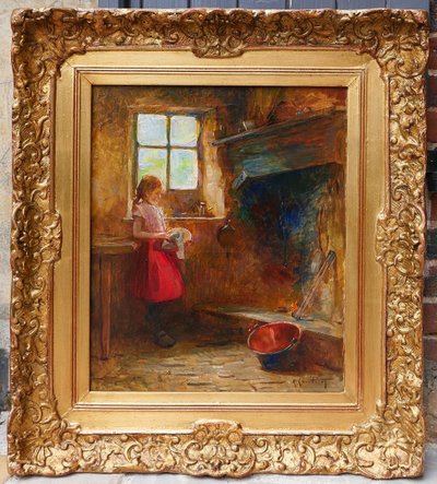 René-Louis Chrétien 1867-1945 Jeune fille dans un intérieur, tableau, vers 1900 impressionnisme