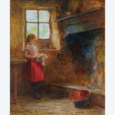 René-Louis Chrétien 1867-1945 Jeune fille dans un intérieur, tableau, vers 1900 impressionnisme