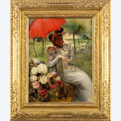 The Red Parasol, Oil on canvas by Edgard de St-Pierre De Montzaigle (1867–1930)