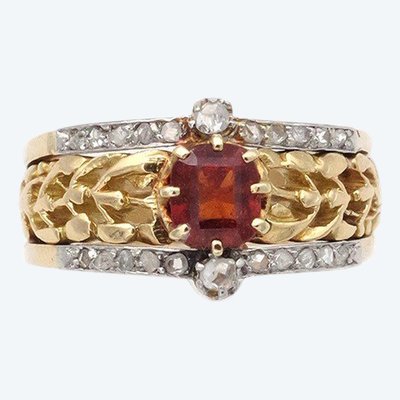 Anello in stile Art Nouveau con granato e vischio in oro 18k e platino, granato hessonite e diamante, anello antico