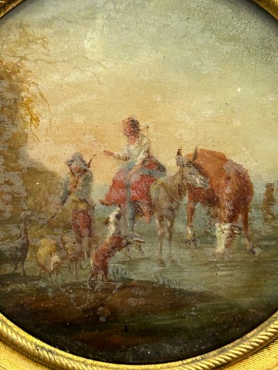 Pair of Miniatures Fixed Under Glass, Late 18th Century, Country Scene - Miniature