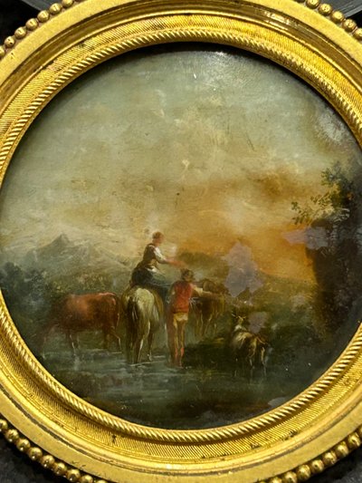 Pair of Miniatures Fixed Under Glass, Late 18th Century, Country Scene - Miniature