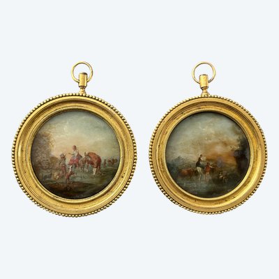 Pair of Miniatures Fixed Under Glass, Late 18th Century, Country Scene - Miniature