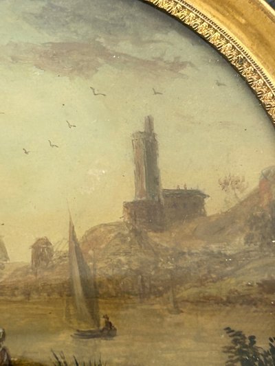 Pair of Miniatures Fixed Under Glass, Late 18th Century, Marine Scene - Miniature