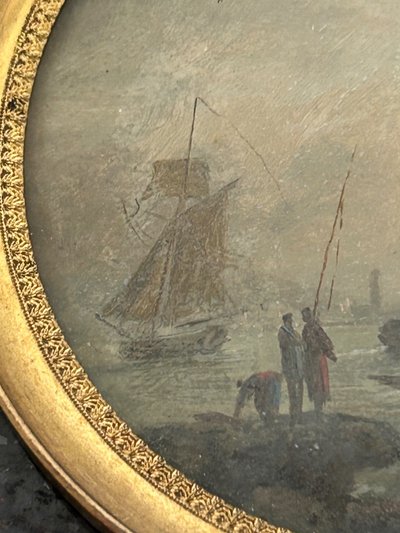 Pair of Miniatures Fixed Under Glass, Late 18th Century, Marine Scene - Miniature