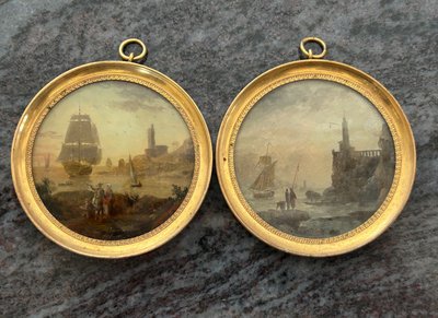 Pair of Miniatures Fixed Under Glass, Late 18th Century, Marine Scene - Miniature