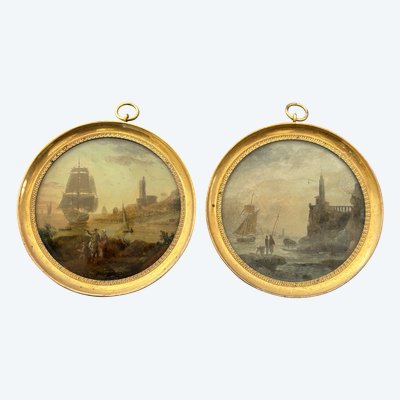 Pair of Miniatures Fixed Under Glass, Late 18th Century, Marine Scene - Miniature