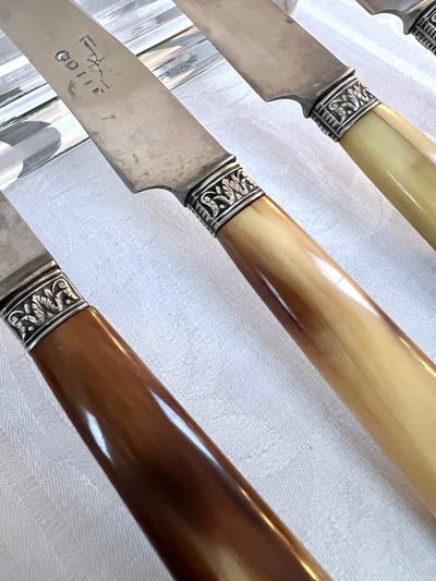 Dessert Knives - Bovine Horn Handles and Silver-Plated Metal Ferrules