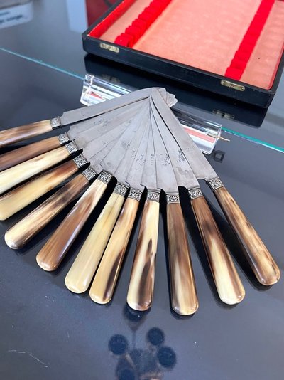 Dessert Knives - Bovine Horn Handles and Silver-Plated Metal Ferrules