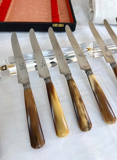 Dessert Knives - Bovine Horn Handles and Silver-Plated Metal Ferrules