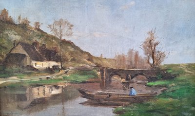 Paul-Désiré TROULLEBERT - Landscape with a boat on a river near a bridge