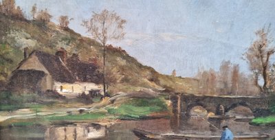 Paul-Désiré TROULLEBERT - Landscape with a boat on a river near a bridge