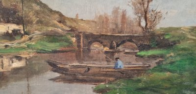 Paul-Désiré TROULLEBERT - Landscape with a boat on a river near a bridge