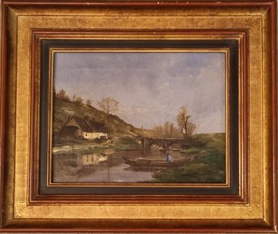 Paul-Désiré TROULLEBERT - Landscape with a boat on a river near a bridge