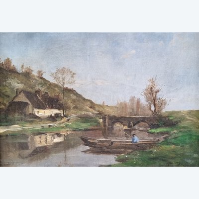 Paul-Désiré TROULLEBERT - Landscape with a boat on a river near a bridge