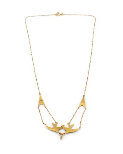 Collana con rondine in stile Art Nouveau in oro 18k, coppia di uccelli, perla fine, fiore, gioielli antichi