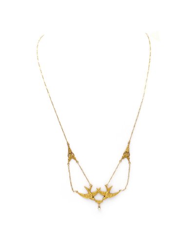 Collana con rondine in stile Art Nouveau in oro 18k, coppia di uccelli, perla fine, fiore, gioielli antichi