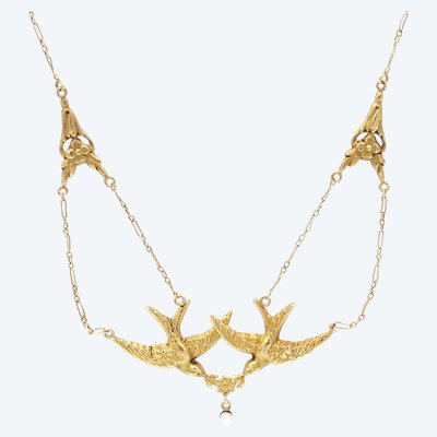 Collana con rondine in stile Art Nouveau in oro 18k, coppia di uccelli, perla fine, fiore, gioielli antichi