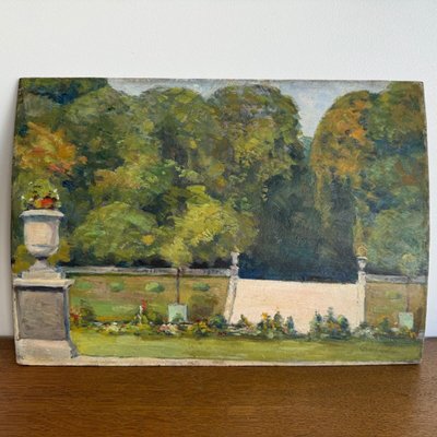Olio su pannello di legno di Richard raffigurante un giardino di proprietà