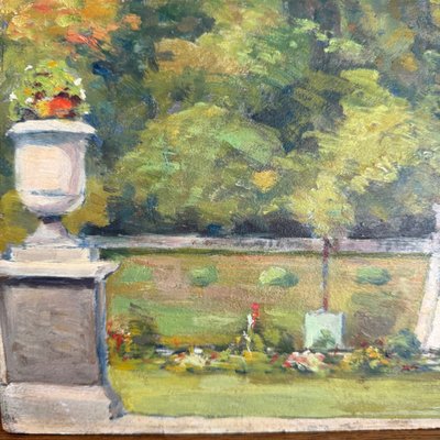 Olio su pannello di legno di Richard raffigurante un giardino di proprietà