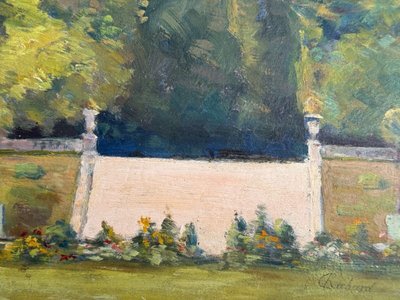 Olio su pannello di legno di Richard raffigurante un giardino di proprietà