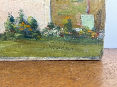 Olio su pannello di legno di Richard raffigurante un giardino di proprietà