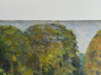 Olio su pannello di legno di Richard raffigurante un giardino di proprietà