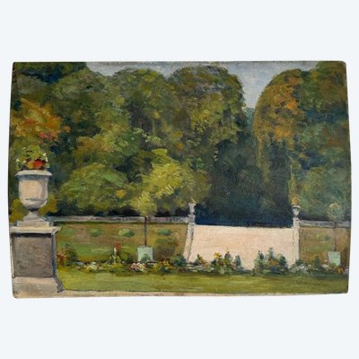 Olio su pannello di legno di Richard raffigurante un giardino di proprietà