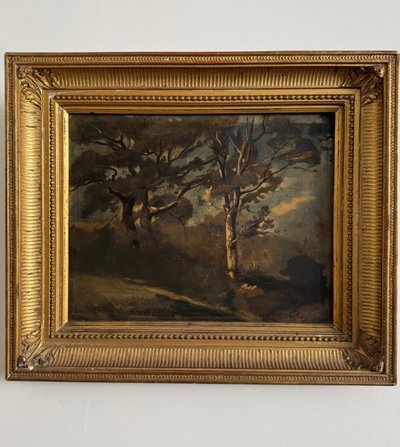 Oil on panel by Francis Goullin forest landscape 19th century gilded frame