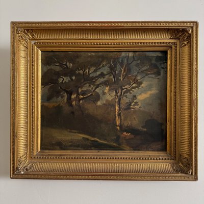 Oil on panel by Francis Goullin forest landscape 19th century gilded frame