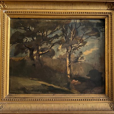Oil on panel by Francis Goullin forest landscape 19th century gilded frame