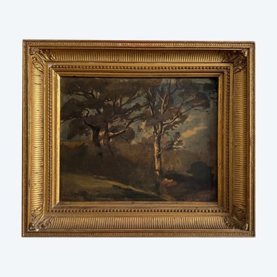 Oil on panel by Francis Goullin forest landscape 19th century gilded frame