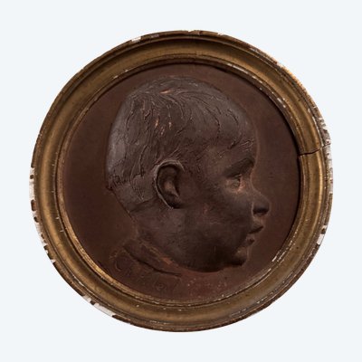 Medaillon aus Terrakotta von Charles Filleul Profil junger Junge XX.