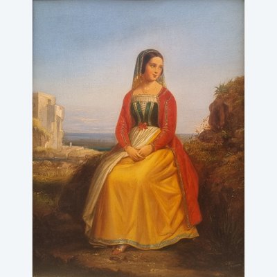 Ecole française du XIXe siècle - Portrait d'une jeune Italienne en costume du XVe siècle
