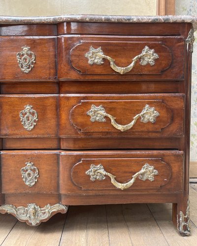 Chest of drawers in natural wood and Louis XV-style veneer