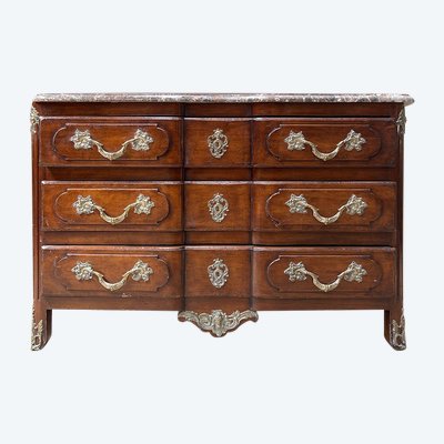 Chest of drawers in natural wood and Louis XV-style veneer