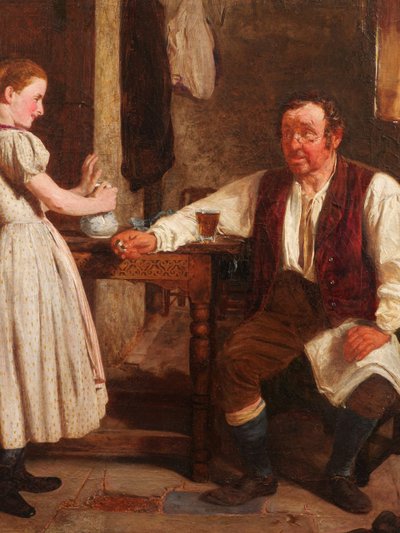 SCUOLA TEDESCA, 1871, uomo con un bicchiere di birra e una ragazza in un interno