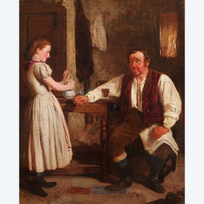 SCUOLA TEDESCA, 1871, uomo con un bicchiere di birra e una ragazza in un interno